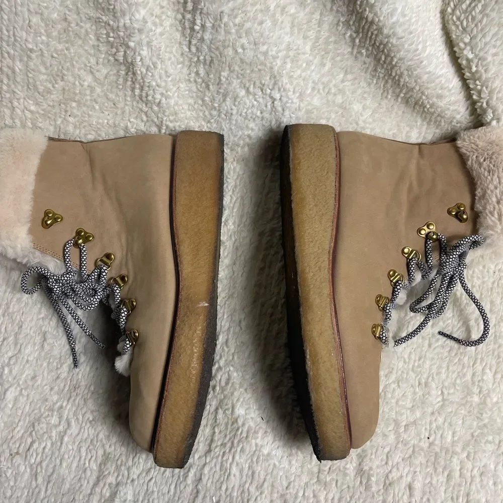 J Crew Wedged Synthetic Nubuck Khaki lace up boots Faux fur lining SZ10